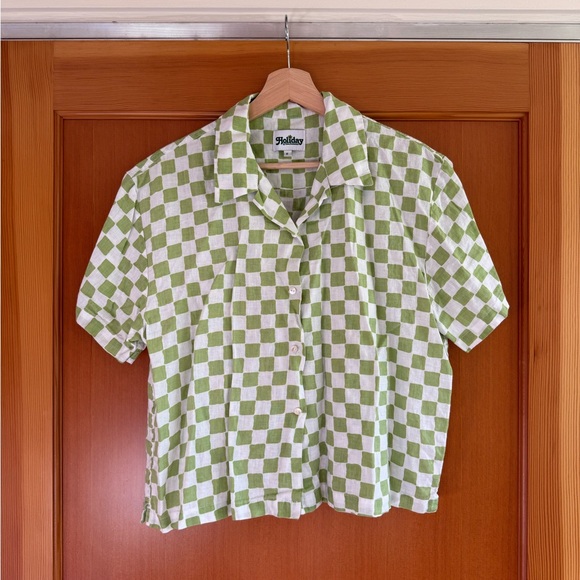 Holiday The Label Tops - hand dyed green and white checkered linen shirt